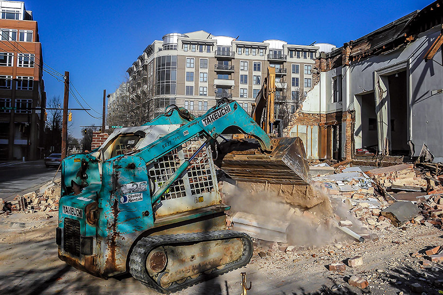 Takeuchi Track Loader moving demolition debris on-site in Uptown Charlotte. Image by W.C. Black and Sons, Inc.